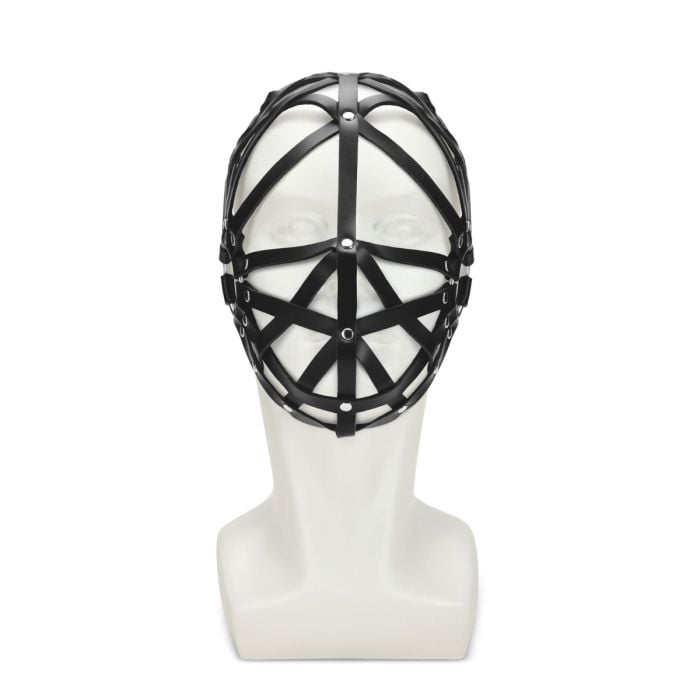Close-up of Me You Us Black Web Hood Mask, featuring intricate web patterns and premium PU leather, perfect for those exploring the realm of erotic power play.