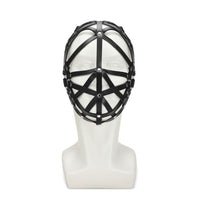 Close-up of Me You Us Black Web Hood Mask, featuring intricate web patterns and premium PU leather, perfect for those exploring the realm of erotic power play.