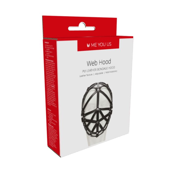 Me You Us Black Web Hood Mask elegantly displayed, highlighting its comfort and breathable design, an essential accessory for adventurous bondage enthusiasts.
