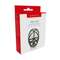 Me You Us Black Web Hood Mask elegantly displayed, highlighting its comfort and breathable design, an essential accessory for adventurous bondage enthusiasts.