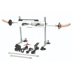 Adjustable sex machine featuring two realistic 6-inch dildos, designed for customizable angles and thrusts, complete with a wireless control panel.