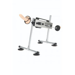 The sex machine in use, demonstrating its adjustable angles with both dildos attached, emphasizing versatility and pleasure.