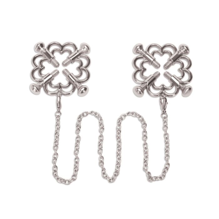 Me You Us flower design 4-way stimulating nipple clamp chain, featuring decorative flower accents and adjustable metal clamps.
