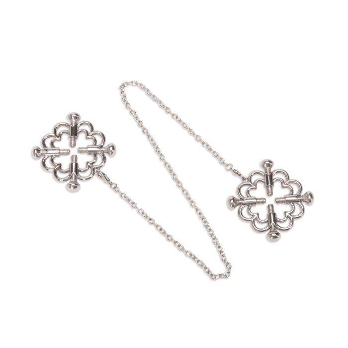 Me You Us Flower Design 4-Way Stimulating Nipple Clamps with chain, featuring floral accents and adjustable tension.