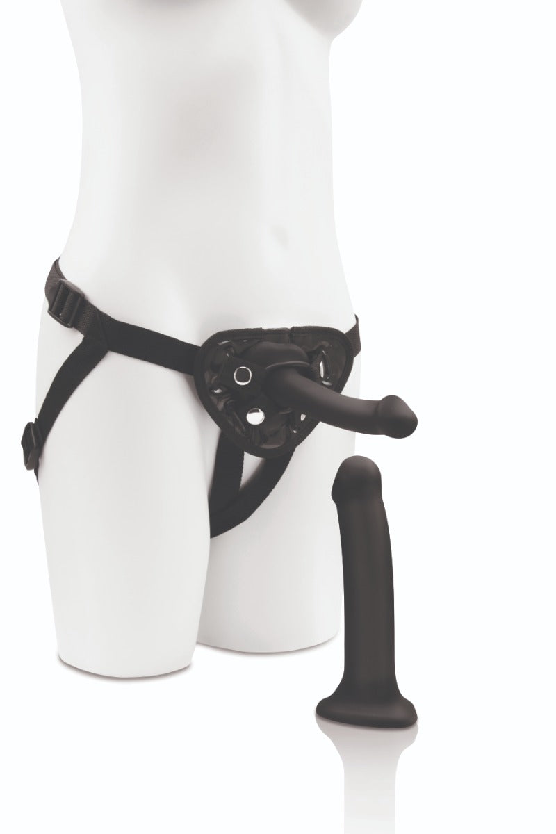 Me You Us strap-on harness kit with adjustable straps and two silicone dildos, 6-inch and 8-inch, for versatile adult pleasure.