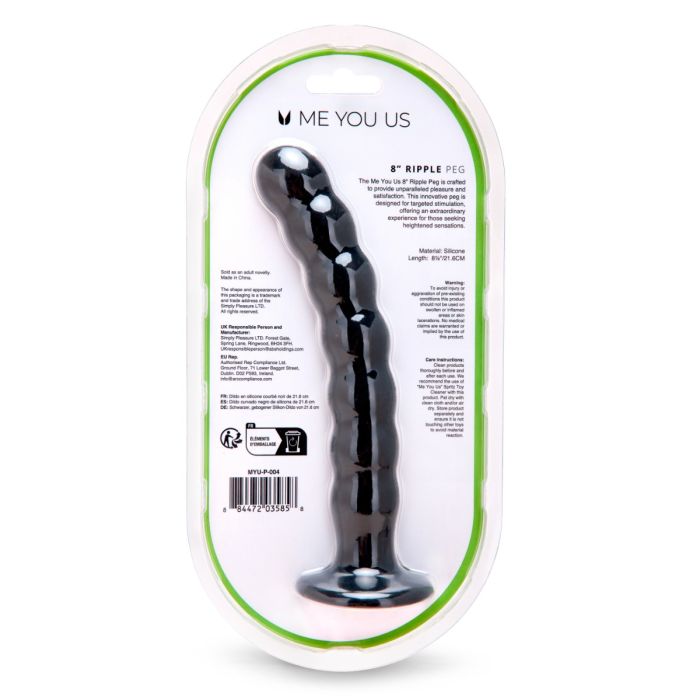 Stylish display of the Me You Us Ripple G-Spot Pegging Dildo Black 8 Inch, demonstrating its sleek contours ideal for stimulating the G-spot as the ultimate Ripple G-Spot Dildo.