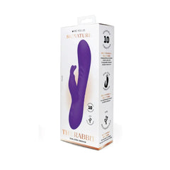 The Rabbit dual-stim vibrator retail packaging box by Me You Us Signature, featuring a purple rabbit-shaped vibrator illustration on a white box with black and gold text.