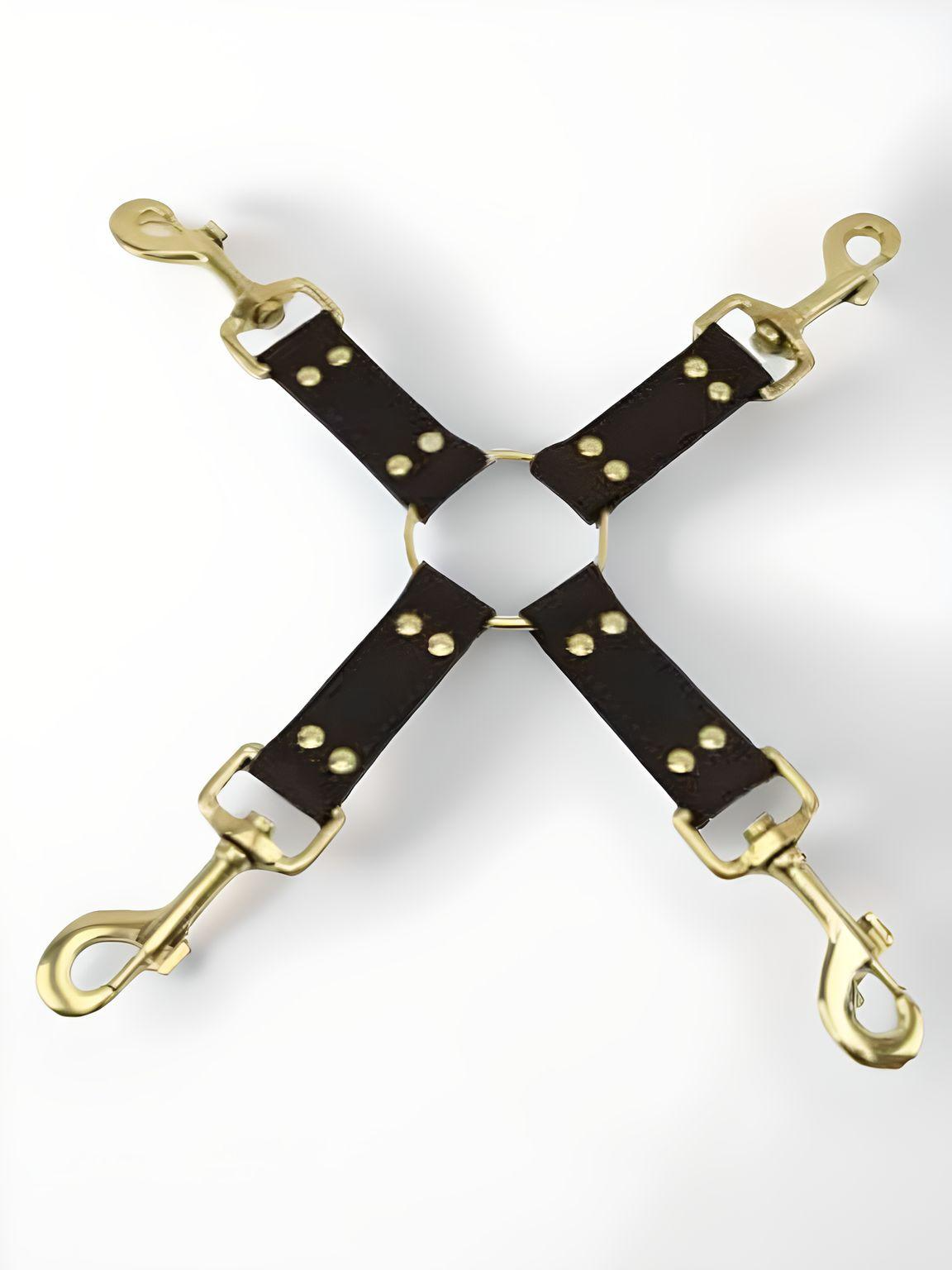 Nubuck Leather 4-Way Hog Tie Set featuring premium golden clasps and elegant brown leather straps by Bound to Please, designed for luxurious restraint.