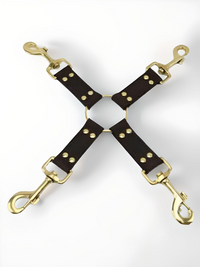 Nubuck Leather 4-Way Hog Tie Set featuring premium golden clasps and elegant brown leather straps by Bound to Please, designed for luxurious restraint.