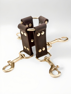 Sophisticated Nubuck Leather 4-Way Hog Tie by Bound to Please, highlighting plush leather straps and secure gold clasps for an exquisite bondage experience.