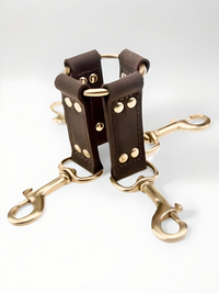 Sophisticated Nubuck Leather 4-Way Hog Tie by Bound to Please, highlighting plush leather straps and secure gold clasps for an exquisite bondage experience.