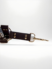 Luxury Nubuck Leather 4-Way Hog Tie with durable gold attachments, embodying elegance and function in bondage gear by Bound to Please.