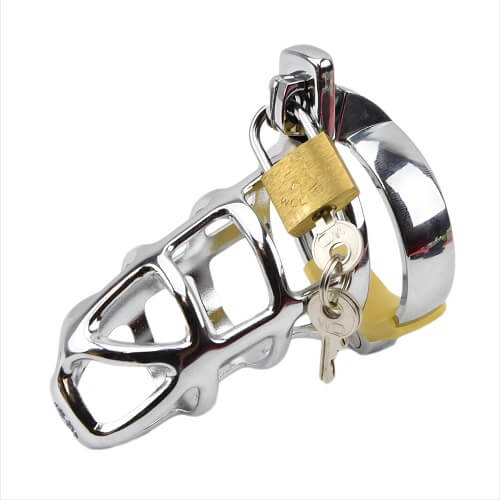 Impound Gladiator male chastity device with three base rings and padlock, made of metal for secure wear.