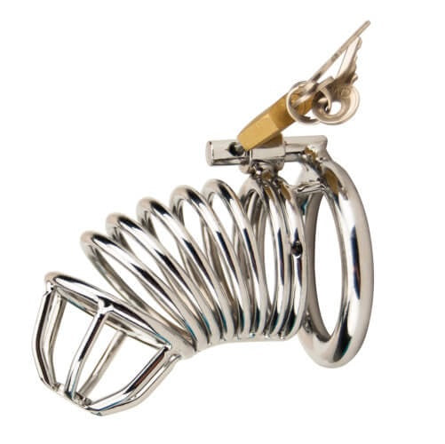 Impound metal spiral chastity device with three base rings, padlock, and keys, designed for male cock restraint.