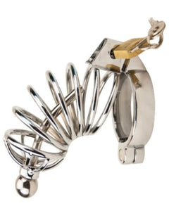 Impound male chastity device with metal design, penis plug, and three adjustable base ring sizes for secure wear.