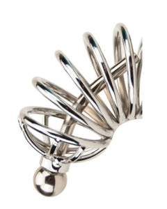 Impound male chastity device with metal design, includes penis plug and three base ring sizes for secure fit.
