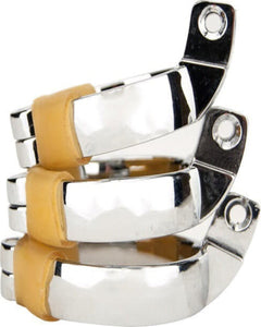 Impound male chastity device with metal design, includes penis plug and three base ring sizes for secure fit.