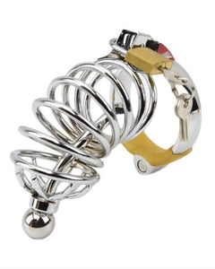 Impound male chastity device with metal design, penis plug, and three base ring sizes for secure, comfortable wear.