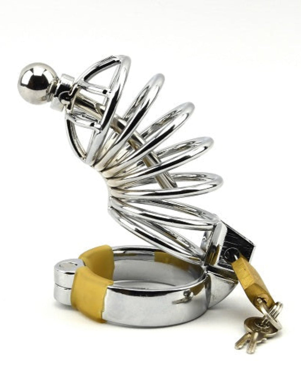 Impound male chastity device with metal design, penis plug, and three base ring sizes for secure fit and comfort.