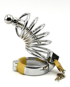 Impound male chastity device with metal design, penis plug, and three base ring sizes for secure fit and comfort.