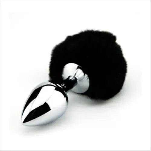 Furry Fantasy black bunny tail butt plug with faux fur and metal base, designed as a playful tail plug for adult wear.