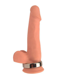 a dildo showing a metal cock ring around the balls and base