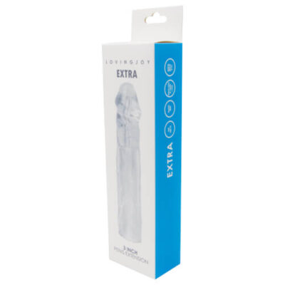 Loving Joy Extra 3-inch penis extension showcasing a clear, discreet penis extender for increased length and girth.