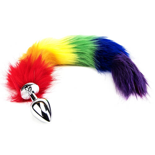 Furry Fantasy rainbow tail butt plug with faux fur, aluminum alloy, 36cm length, designed for temperature play, tail plug accessory.