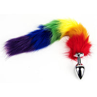Elegant Furry Fantasy Rainbow Tail Butt Plug displayed with its drawstring storage bag, highlighting its practicality and luxury design for adult toys.