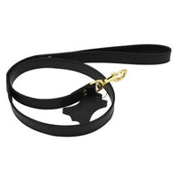 a black leash with a gold buckle on a white background