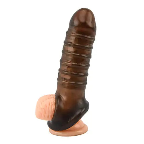Loving Joy textured penis sleeve with ball loop, ribbed design, and 25% girth increase for enhanced sensation and pleasure.