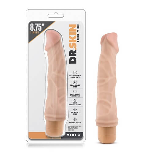 a fleshy dildo is packaged in a package