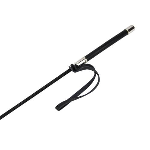 Bound to Please riding crop with metal handle, designed for BDSM play, featuring a sleek black whip with a sturdy grip.
