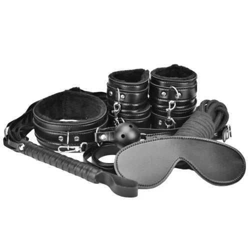 Loving Joy 8-piece beginner bondage kit with black handcuffs, blindfold, gag, and restraints on a neutral background.