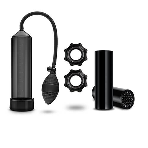 Blush Novelties penis pump kit includes squeeze ball pump, stroke sleeve, and cock rings for enhanced pleasure and size.
