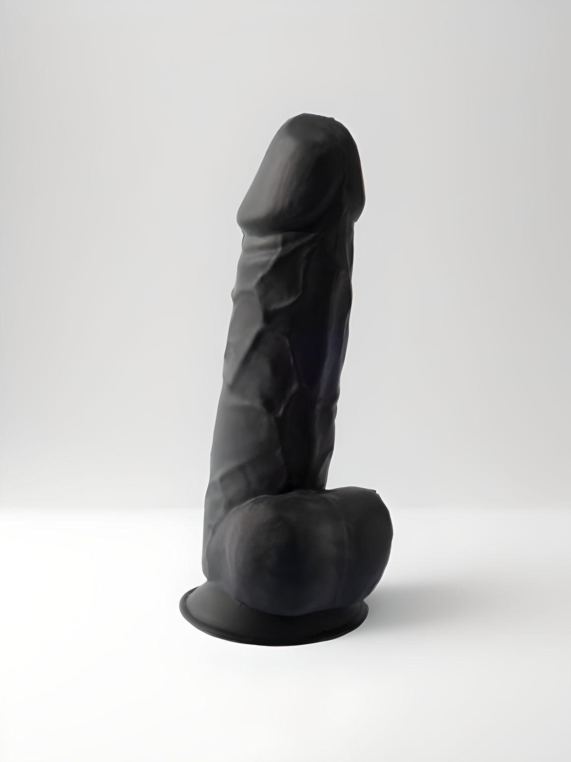 SilexD 8.5 Inch Realistic Silicone Dual Density Girthy Dildo with Suction Cup & Balls in Black, showcasing its lifelike design and realistic silicone dildo construction for unparalleled pleasure.