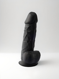 SilexD 8.5 Inch Realistic Silicone Dual Density Girthy Dildo with Suction Cup & Balls in Black, showcasing its lifelike design and realistic silicone dildo construction for unparalleled pleasure.