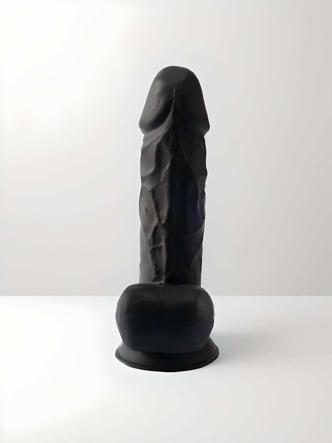 SilexD 8.5 Inch Realistic Silicone Dual Density Girthy Dildo with Suction Cup & Balls in Black, front view highlighting its exquisite realistic silicone dildo features, designed for an immersive experience.
