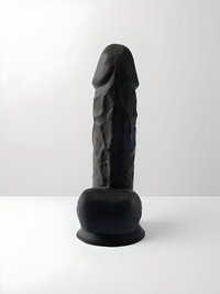 SilexD 8.5 Inch Realistic Silicone Dual Density Girthy Dildo with Suction Cup & Balls in Black, front view highlighting its exquisite realistic silicone dildo features, designed for an immersive experience.