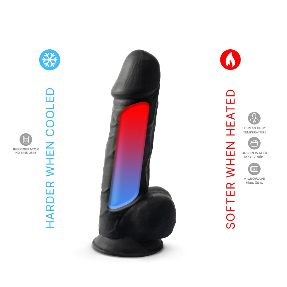 Product illustration of SilexD 8.5 inch dildo highlighting its temperature-responsive features, indicating it becomes harder when cooled and softer when heated.