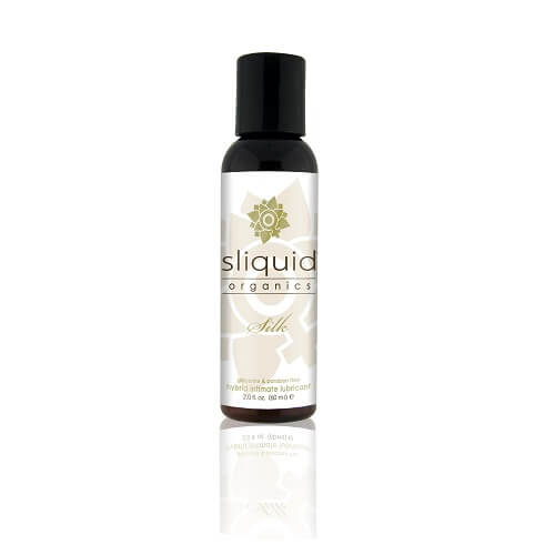 Sliquid Organics Silk Hybrid Lubricant 59ml bottle showing clear container with white liquid, designed for long-lasting, gentle use