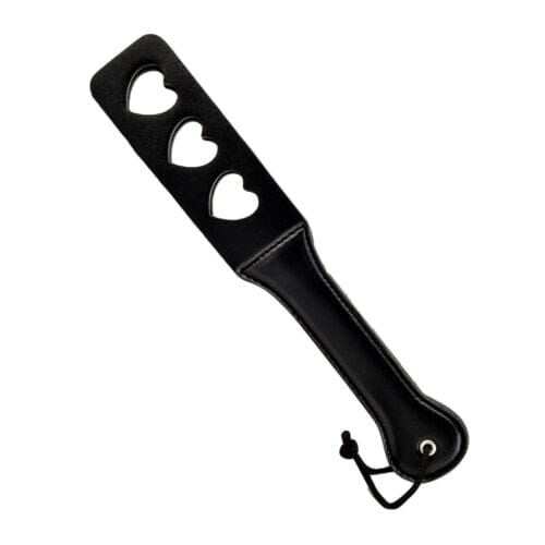 Bound to Please Heart Slapper Paddle with heart cut-outs, featuring a sleek wooden handle and hollow design for playful sensation.