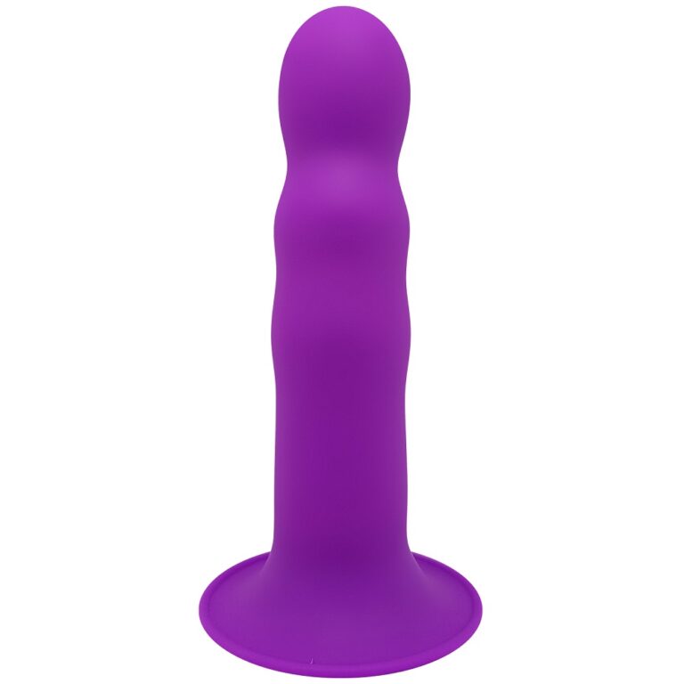 Elegant profile of a purple ribbed silicone dildo, highlighting its soft texture and sleek design for enhanced intimacy.