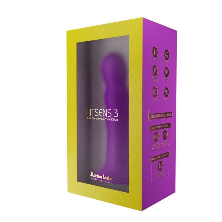 Sophisticated packaging of the Adrien Lastic Cushioned Core Dildo, featuring a sleek design that exudes luxury and allure.