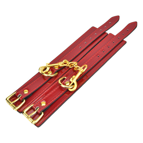 Bound to Please Red Wrist Cuffs for Beginners - Glossy Red Restraints with Soft Faux-Suede Lining