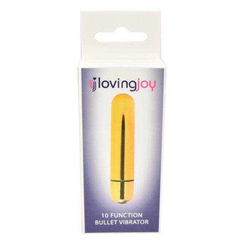 The Loving Joy 10 Function Gold Bullet Vibrator in a glamorous presentation, illustrating its waterproof construction and luxurious ABS plastic material.
