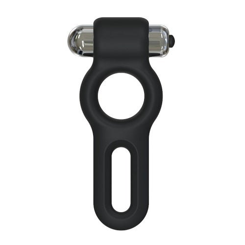 JoyRings silicone vibrating cock and ball ring with soft fit and bullet vibrator for enhanced pleasure, shown on a male model.