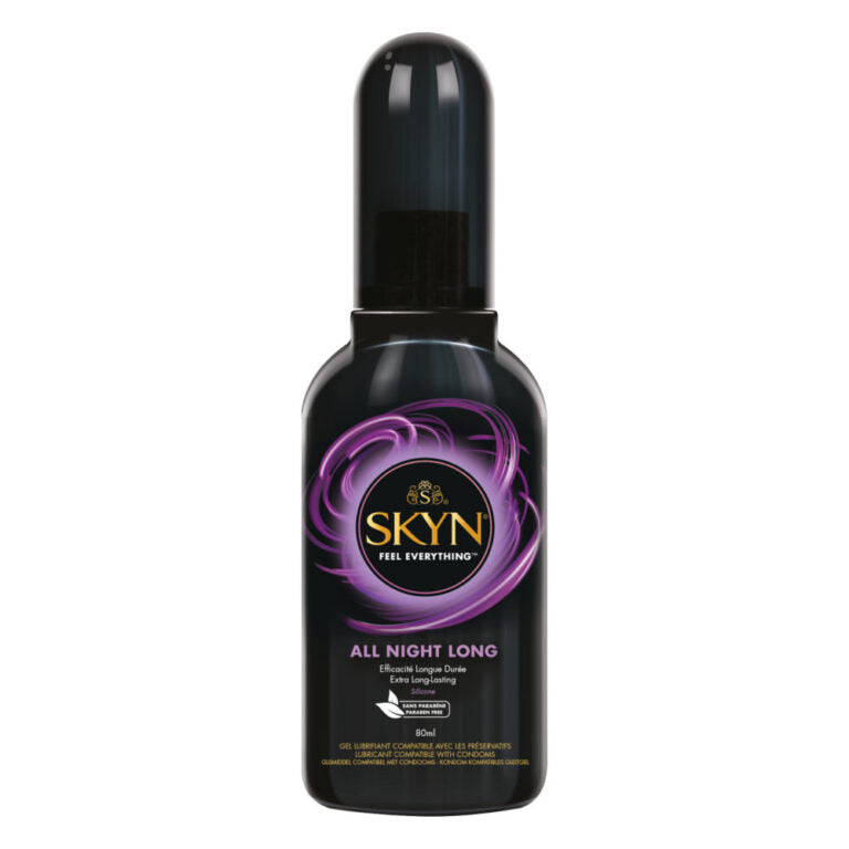Close-up of Mates SKYN All Night Long Silicone Based Lubricant 80ml, featuring its sleek design and details on long-lasting silicone-based lubrication compatible with latex condoms.