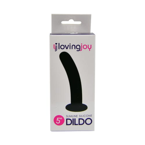 Loving Joy slimline 5-inch silicone dildo with suction cup for pegging and hands-free pleasure, smooth and flexible.