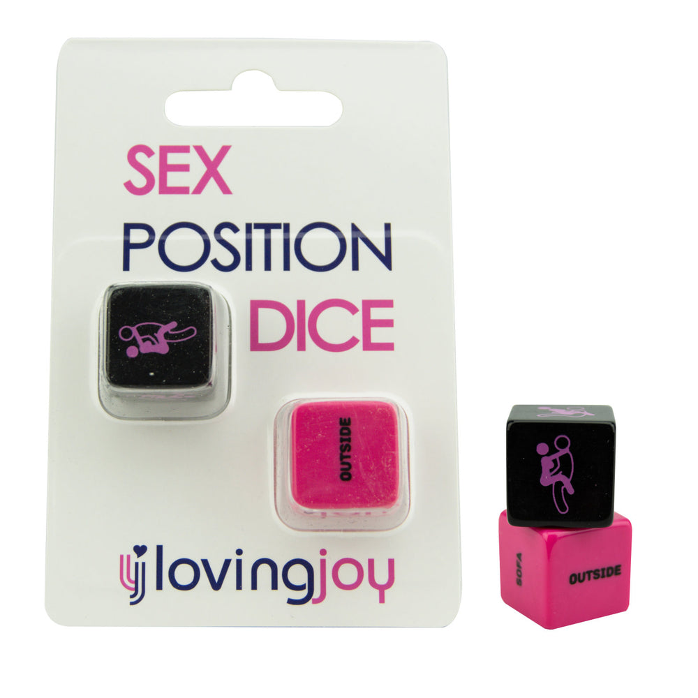 Loving Joy sex positions dice set with two erotic dice for intimate role-playing and spicing up romantic moments.
